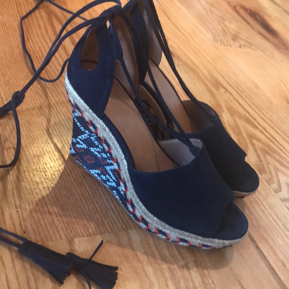 CAbi Navy Blue Embroidered Wedge Espadrilles